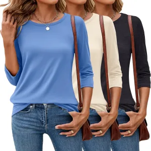 Ficerd 3 Pack 3/4 Sleeve Tops for Women Round Neck Dressy Basics Tees Casual Trendy Loose Fit T Shirts