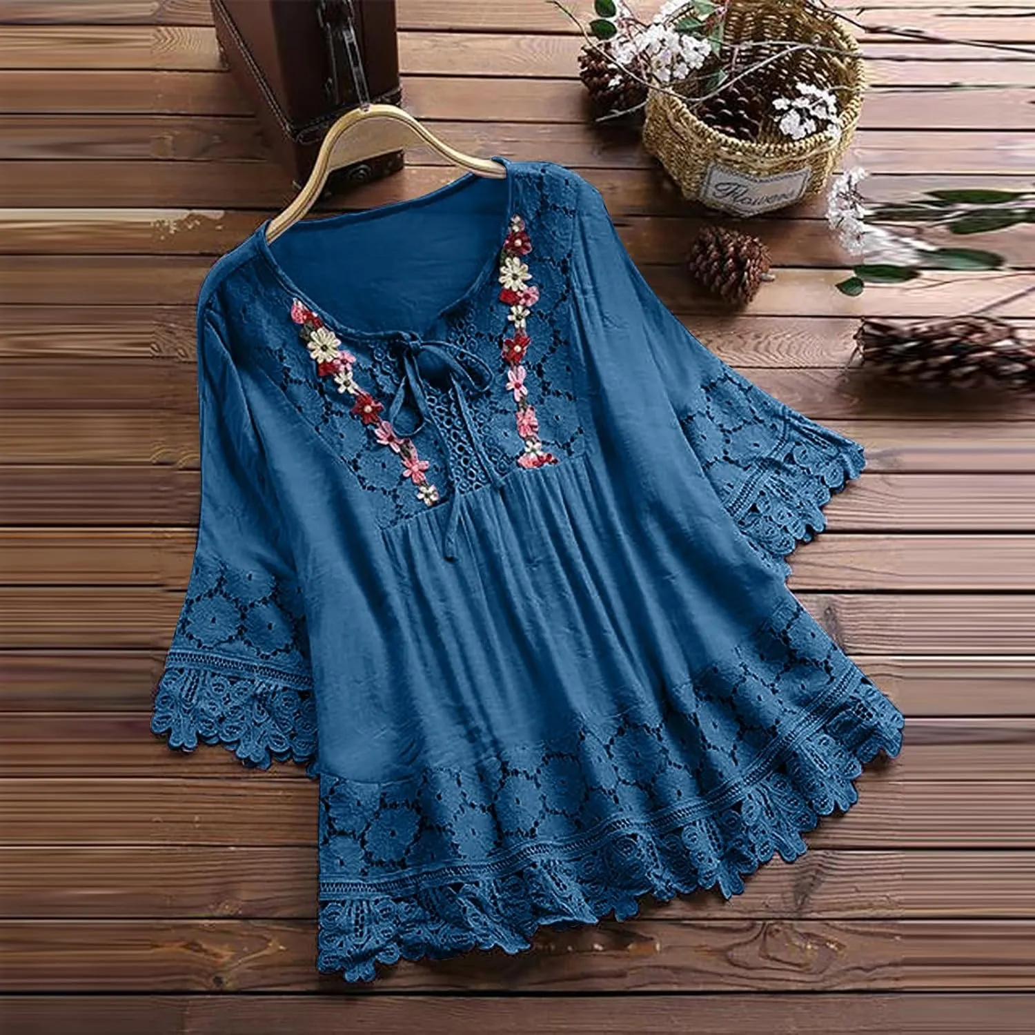 Finelylove Womens Cotton Linen Embroidered Tops Loose Fit 3/4 Sleeve Boho Peasant Blouse Lace Shirts Summer Clothes 2025