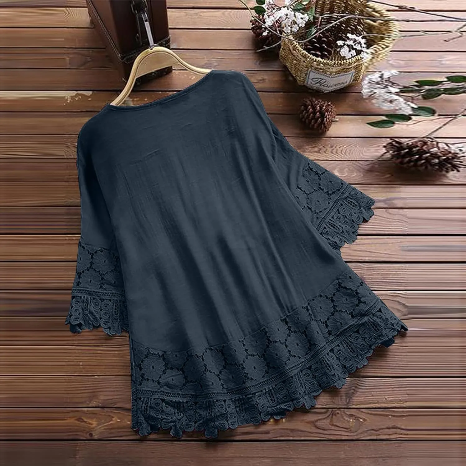Finelylove Womens Cotton Linen Embroidered Tops Loose Fit 3/4 Sleeve Boho Peasant Blouse Lace Shirts Summer Clothes 2025