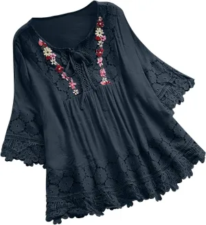 Finelylove Womens Cotton Linen Embroidered Tops Loose Fit 3/4 Sleeve Boho Peasant Blouse Lace Shirts Summer Clothes 2025