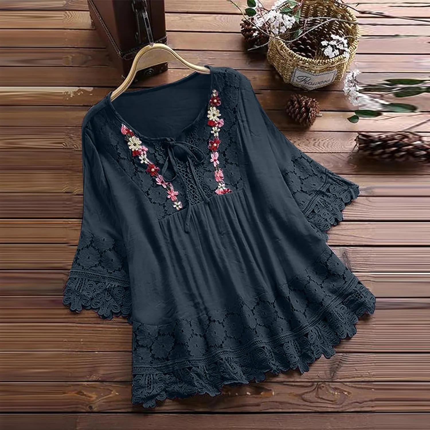 Finelylove Womens Cotton Linen Embroidered Tops Loose Fit 3/4 Sleeve Boho Peasant Blouse Lace Shirts Summer Clothes 2025