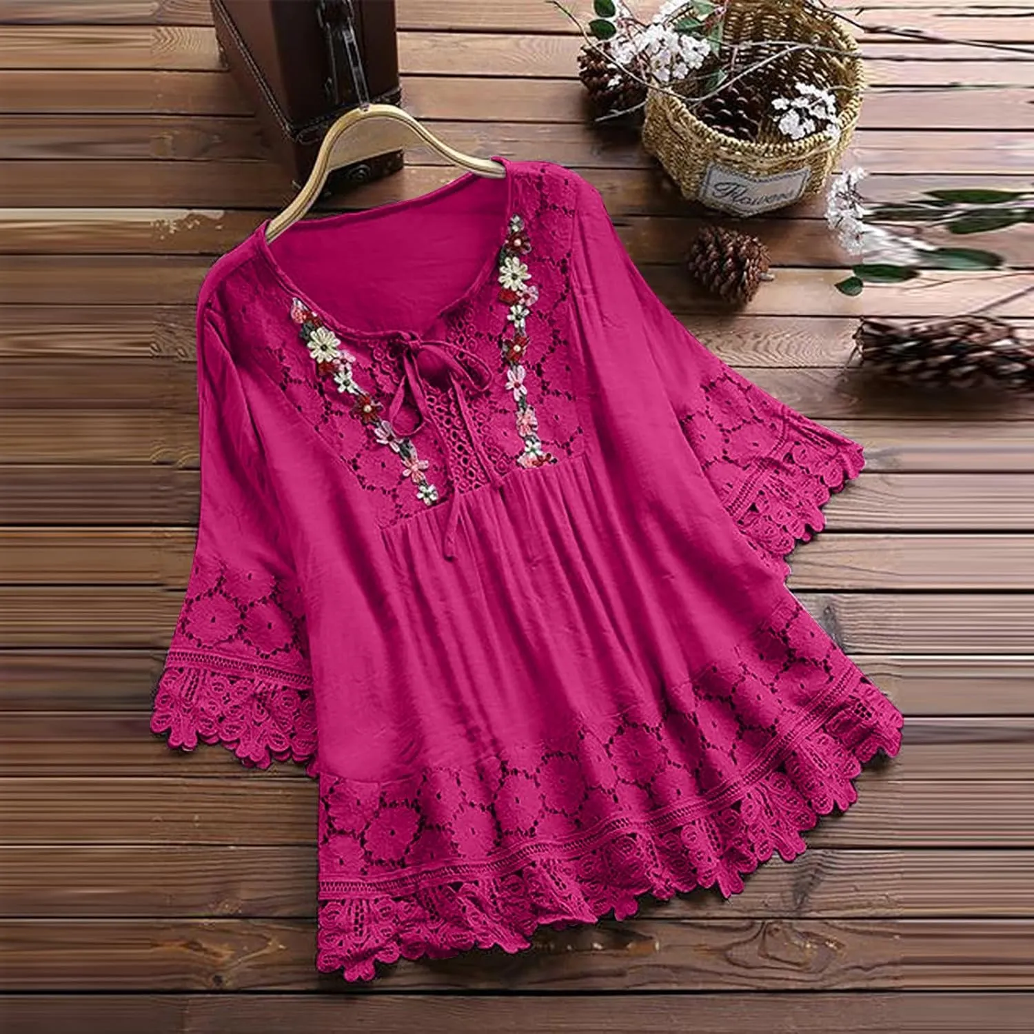 Finelylove Womens Cotton Linen Embroidered Tops Loose Fit 3/4 Sleeve Boho Peasant Blouse Lace Shirts Summer Clothes 2025