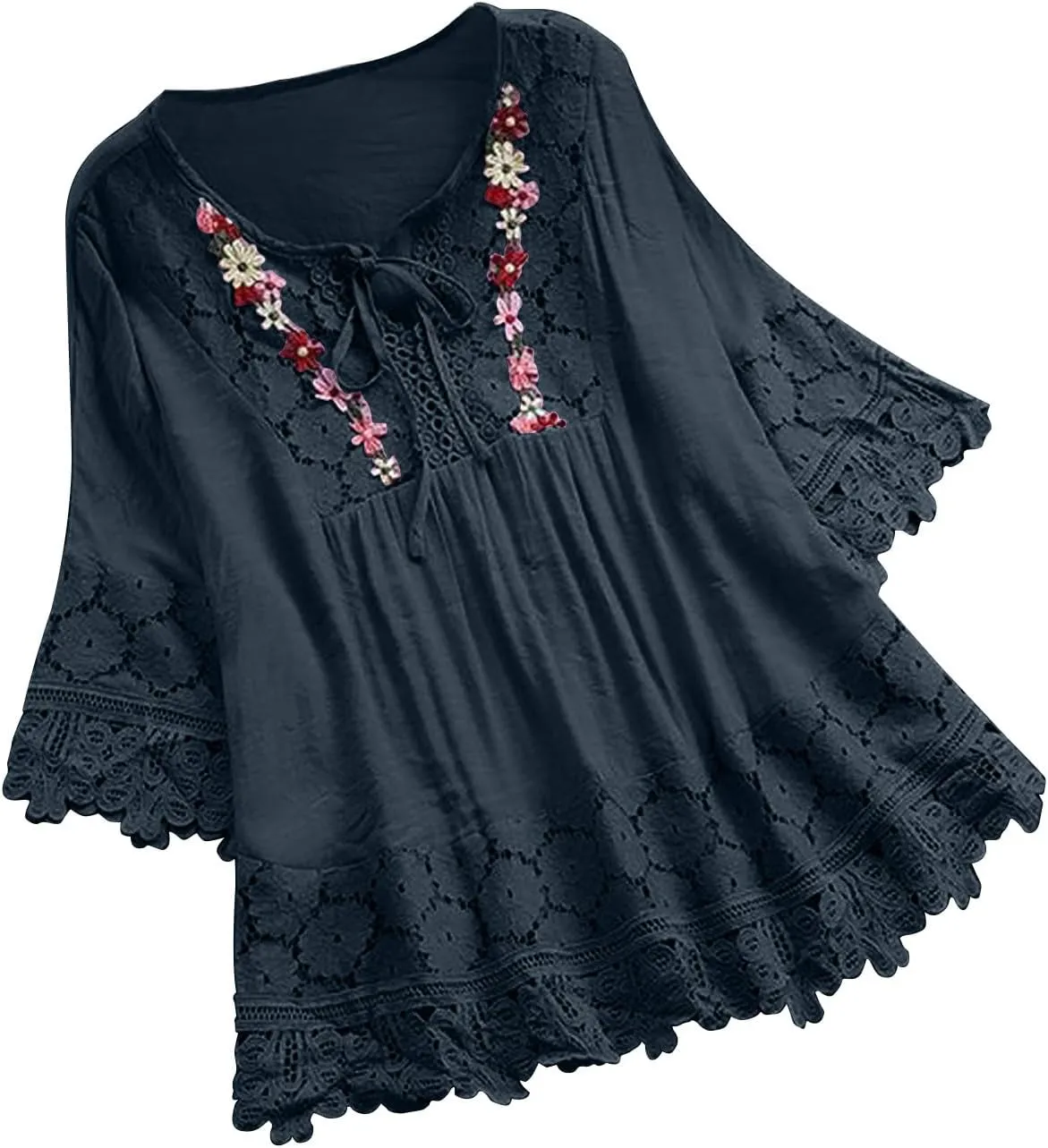Finelylove Womens Cotton Linen Embroidered Tops Loose Fit 3/4 Sleeve Boho Peasant Blouse Lace Shirts Summer Clothes 2025