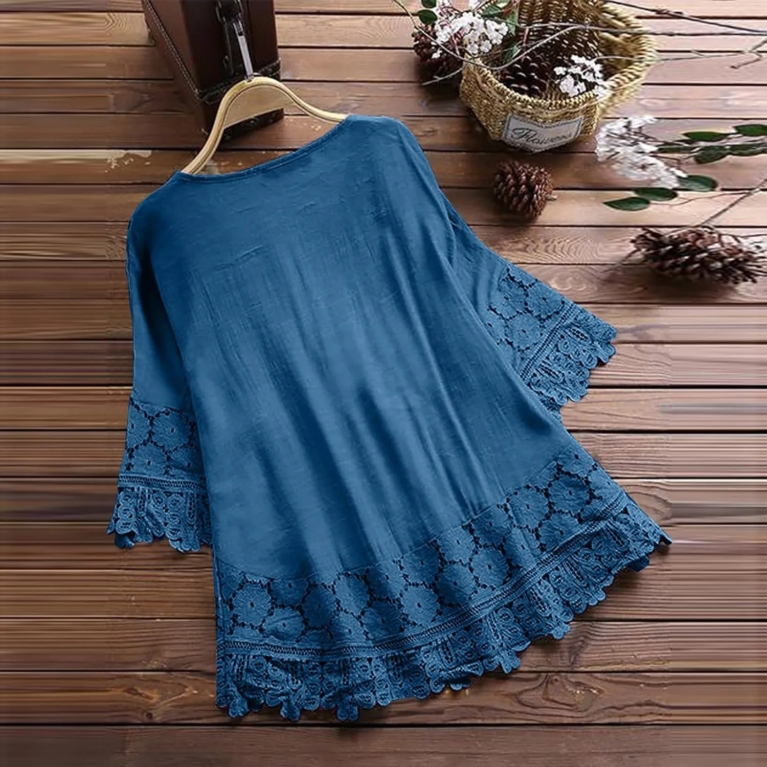 Finelylove Womens Cotton Linen Embroidered Tops Loose Fit 3/4 Sleeve Boho Peasant Blouse Lace Shirts Summer Clothes 2025