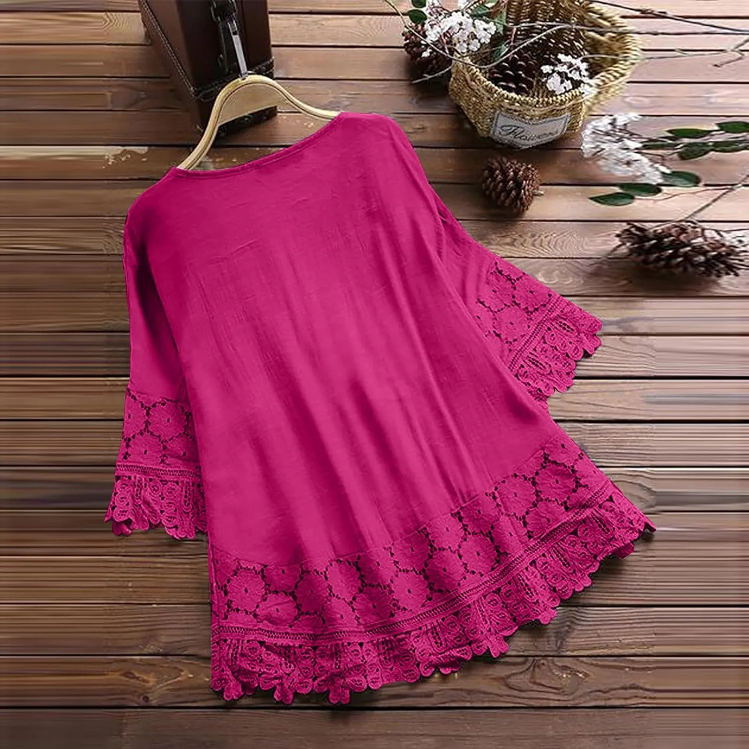 Finelylove Womens Cotton Linen Embroidered Tops Loose Fit 3/4 Sleeve Boho Peasant Blouse Lace Shirts Summer Clothes 2025