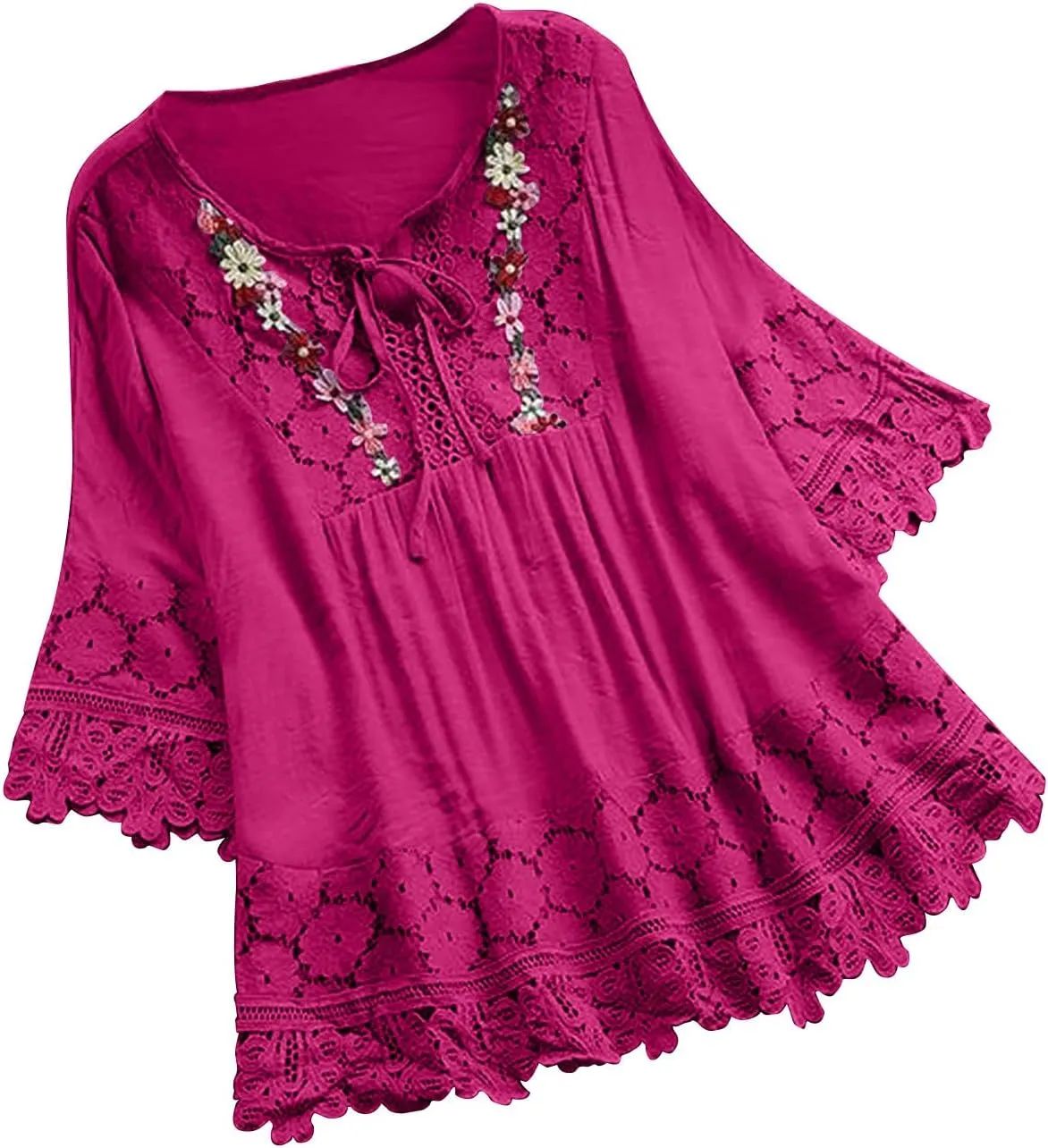 Finelylove Womens Cotton Linen Embroidered Tops Loose Fit 3/4 Sleeve Boho Peasant Blouse Lace Shirts Summer Clothes 2025