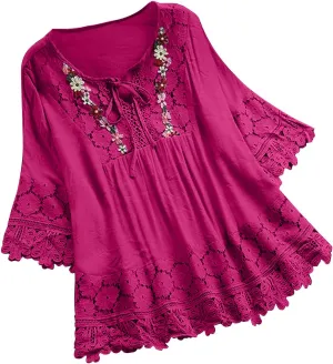 Finelylove Womens Cotton Linen Embroidered Tops Loose Fit 3/4 Sleeve Boho Peasant Blouse Lace Shirts Summer Clothes 2025