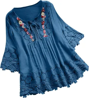 Finelylove Womens Cotton Linen Embroidered Tops Loose Fit 3/4 Sleeve Boho Peasant Blouse Lace Shirts Summer Clothes 2025