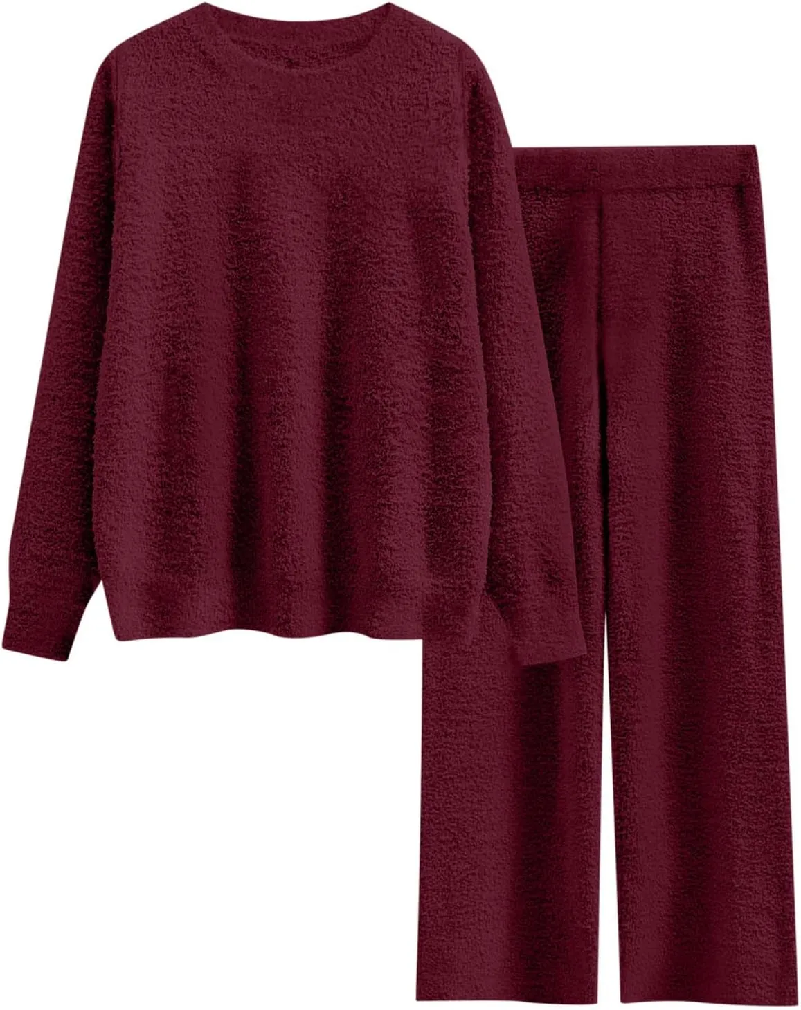 Fleece Lounge Sets for Women Fuzzy 2 Peice Outfits Long Sleeve Tops Wide Leg Pants Fashion Comfy Sweater Pajama Sets