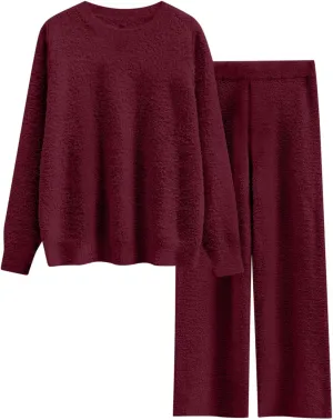 Fleece Lounge Sets for Women Fuzzy 2 Peice Outfits Long Sleeve Tops Wide Leg Pants Fashion Comfy Sweater Pajama Sets