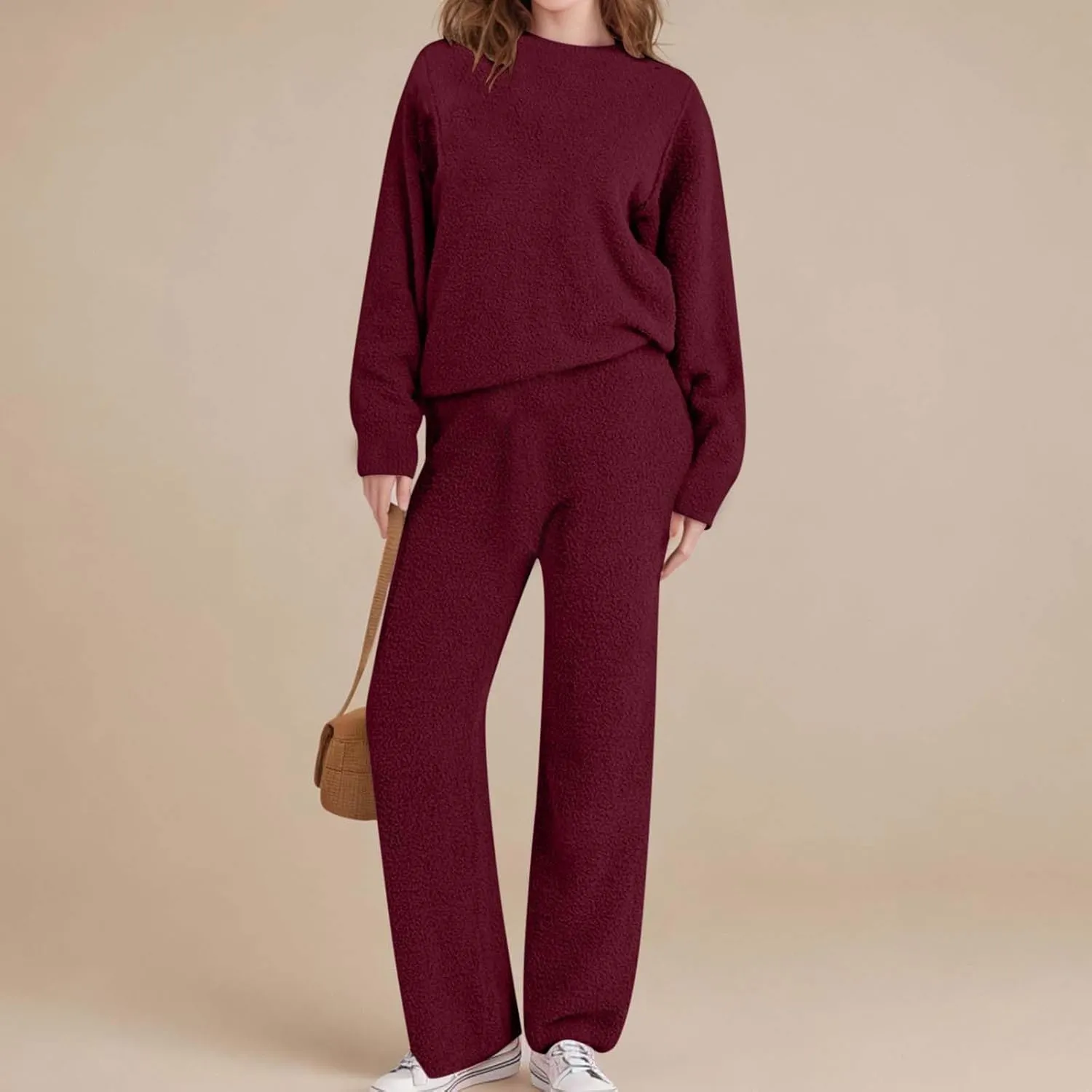 Fleece Lounge Sets for Women Fuzzy 2 Peice Outfits Long Sleeve Tops Wide Leg Pants Fashion Comfy Sweater Pajama Sets