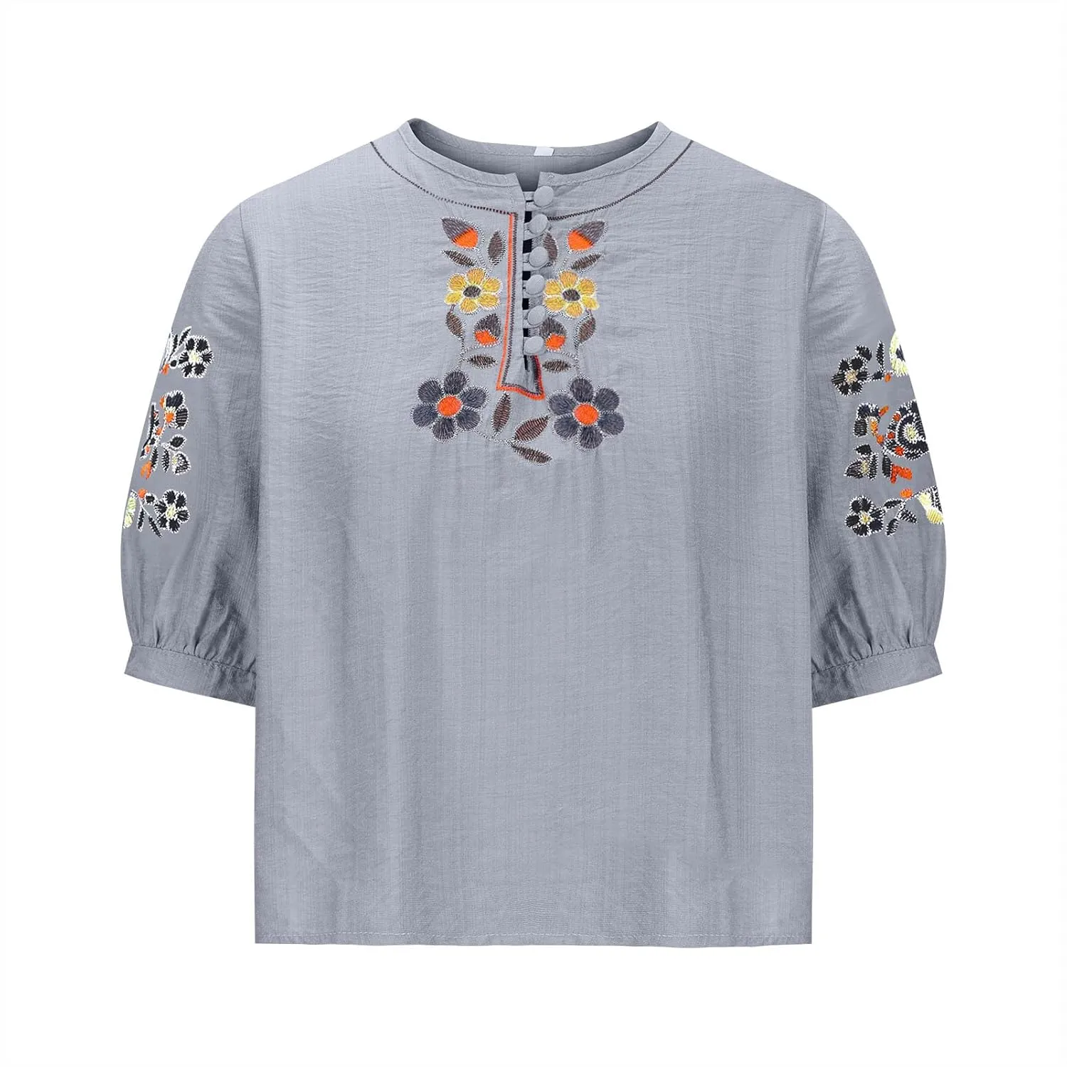 Floral Embroidery Top Cotton Linen Tee Boho Ethnic Style Peasant Shirt Summer Short Sleeve O-Neck Button Blouse Tunic