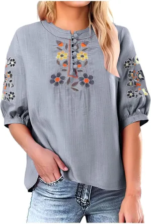 Floral Embroidery Top Cotton Linen Tee Boho Ethnic Style Peasant Shirt Summer Short Sleeve O-Neck Button Blouse Tunic