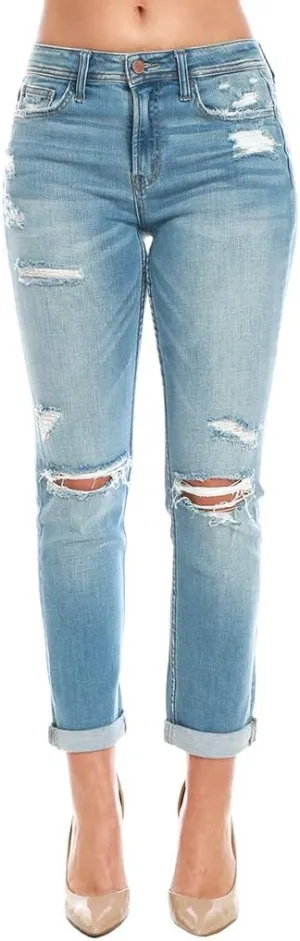 Flying Monkey Boyfriend Fit Blue Distressed Denim Jeans Mid-Rise