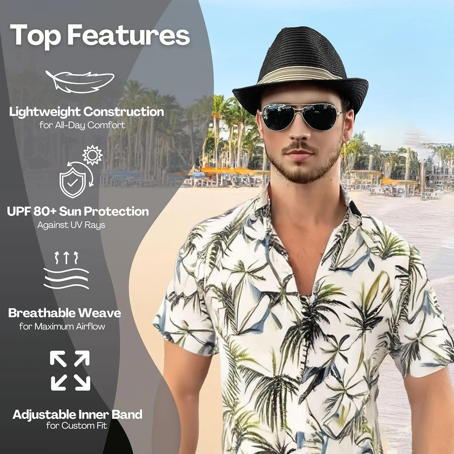 Funky Junque Straw Fedora Hat Beach Summer Short Brim Packable Sun Trilby Unisex UPF 50 