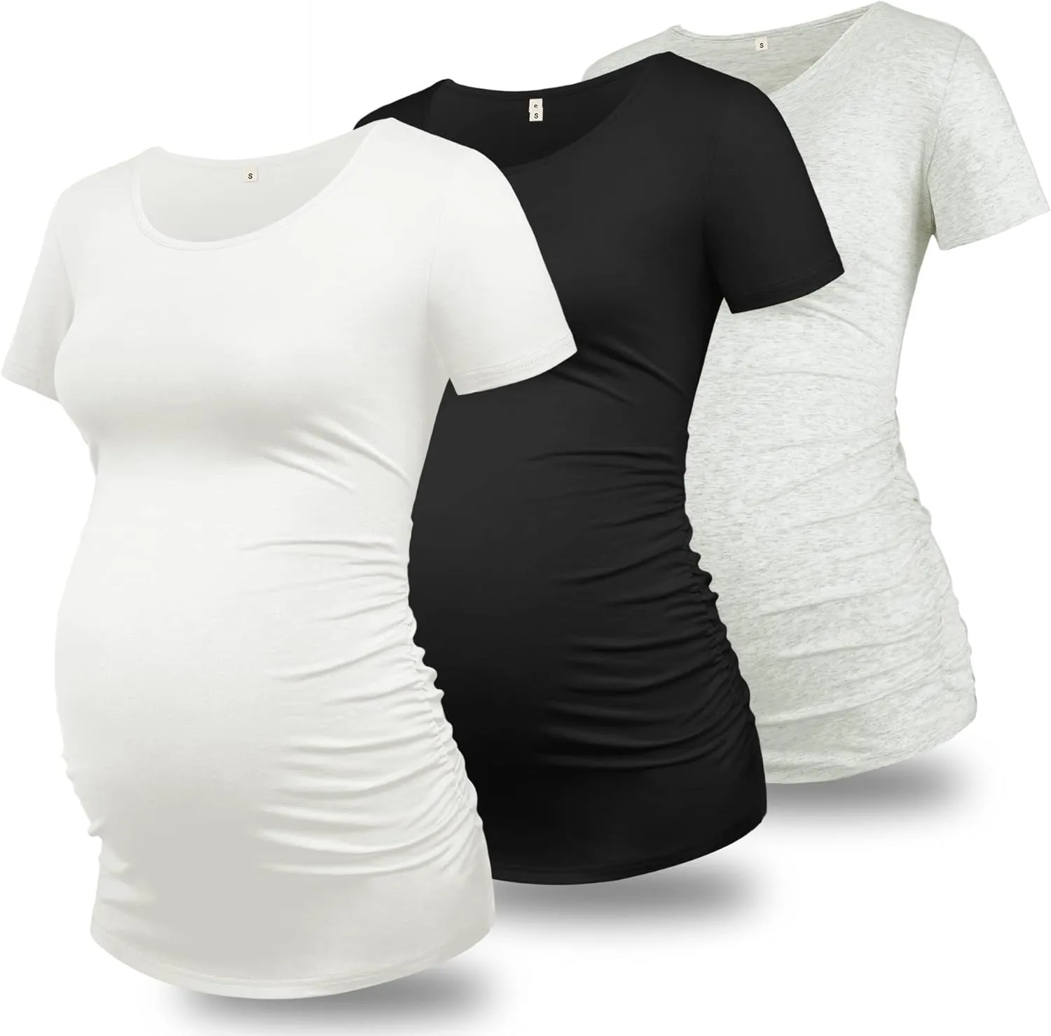 GLAMIX Maternity Shirts for Women Short Sleeve Tops Summer Clothes 3 Packs Cotton T Shirt Mama Basics Pregnancy Tees