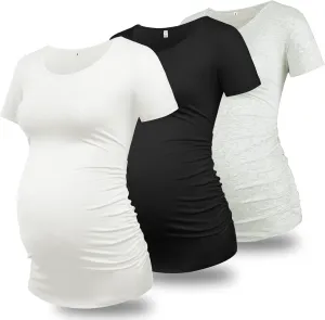 GLAMIX Maternity Shirts for Women Short Sleeve Tops Summer Clothes 3 Packs Cotton T Shirt Mama Basics Pregnancy Tees