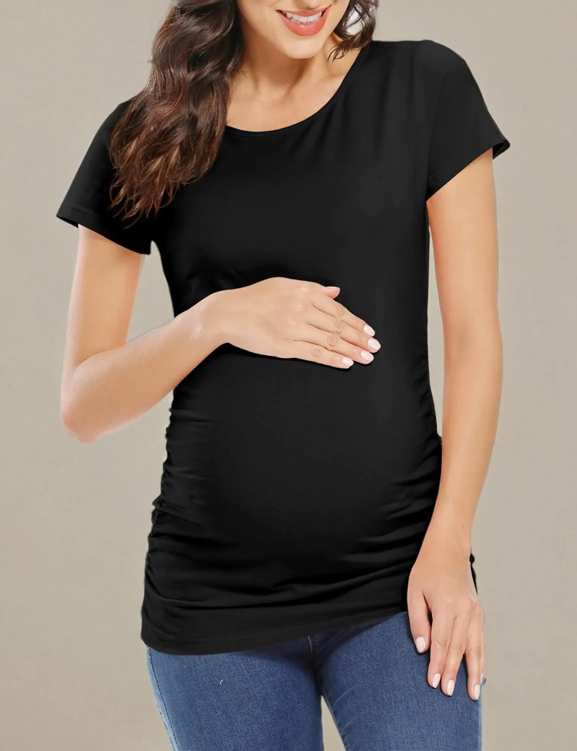 GLAMIX Maternity Shirts for Women Short Sleeve Tops Summer Clothes 3 Packs Cotton T Shirt Mama Basics Pregnancy Tees