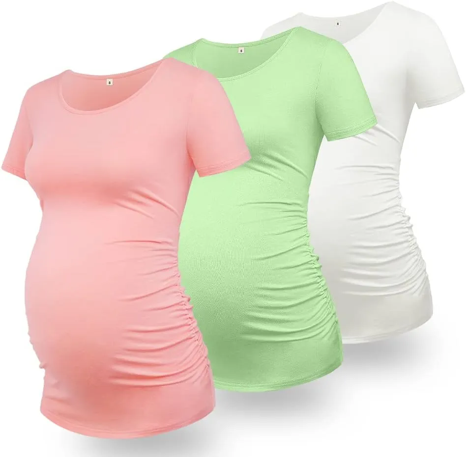 GLAMIX Maternity Shirts for Women Short Sleeve Tops Summer Clothes 3 Packs Cotton T Shirt Mama Basics Pregnancy Tees