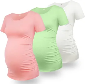 GLAMIX Maternity Shirts for Women Short Sleeve Tops Summer Clothes 3 Packs Cotton T Shirt Mama Basics Pregnancy Tees
