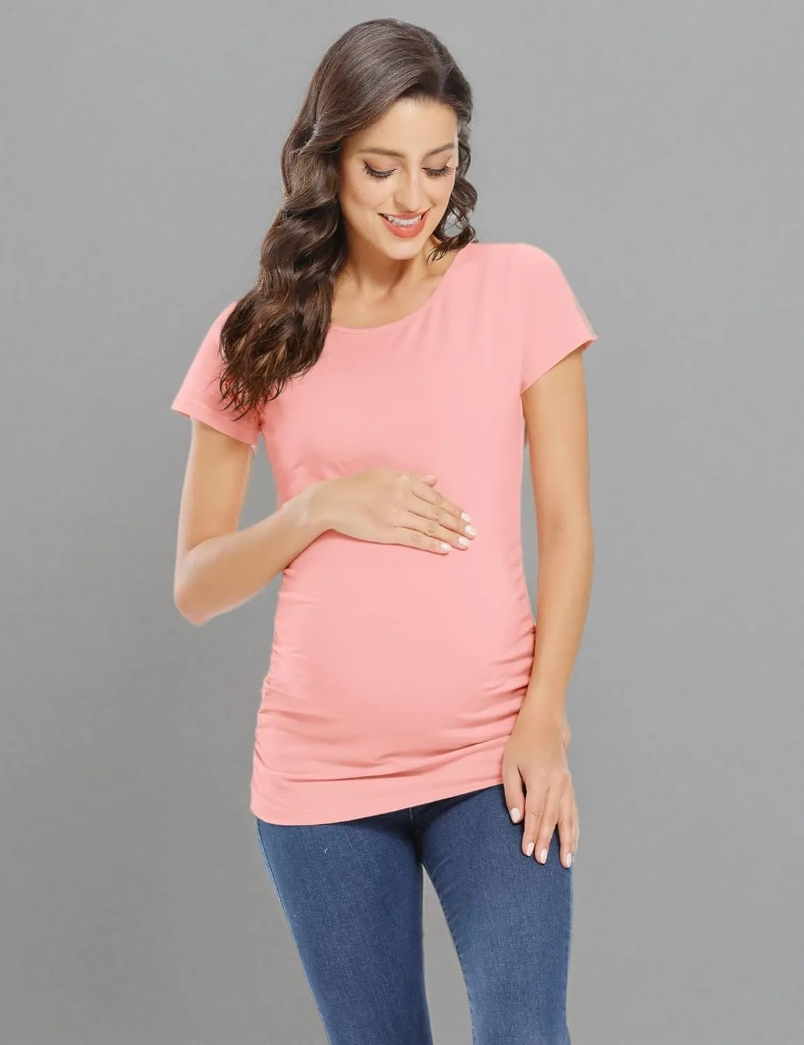 GLAMIX Maternity Shirts for Women Short Sleeve Tops Summer Clothes 3 Packs Cotton T Shirt Mama Basics Pregnancy Tees