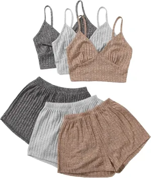 GORGLITTER Women's 3 Sets Ribbed Pajama Set V Neck Cami Crop Top and Shorts Lounge Set Sleepwear