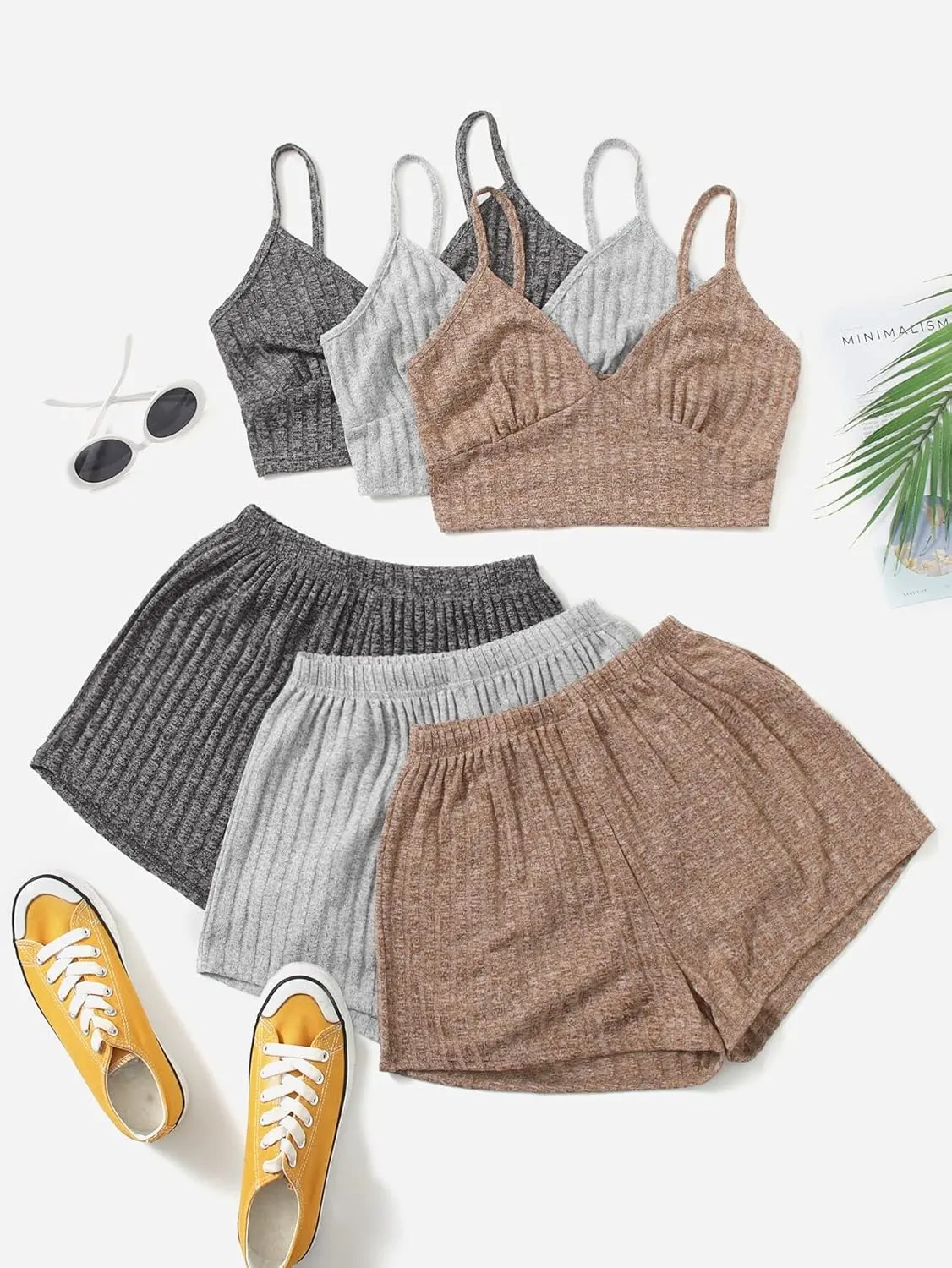 GORGLITTER Women's 3 Sets Ribbed Pajama Set V Neck Cami Crop Top and Shorts Lounge Set Sleepwear