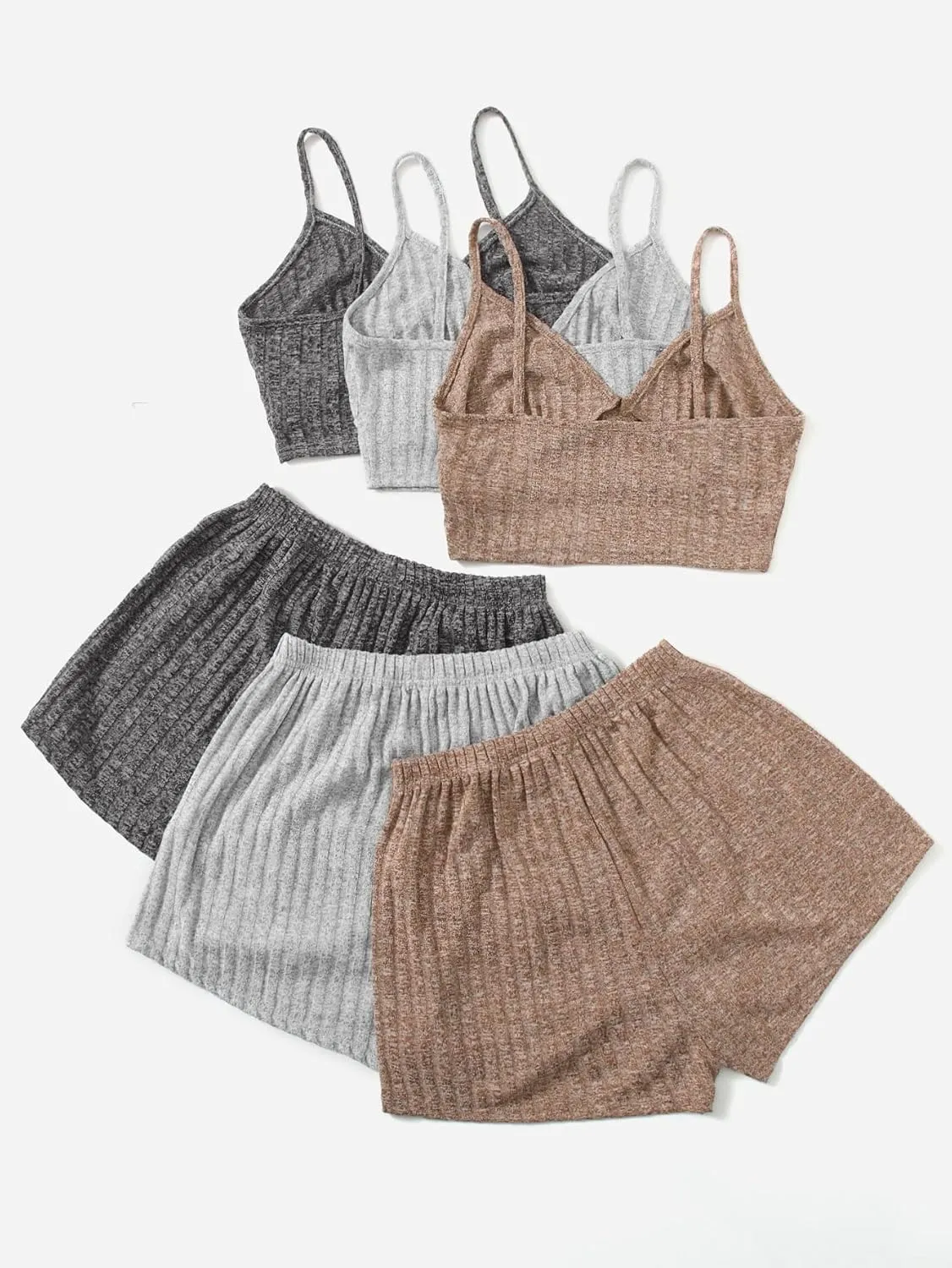GORGLITTER Women's 3 Sets Ribbed Pajama Set V Neck Cami Crop Top and Shorts Lounge Set Sleepwear