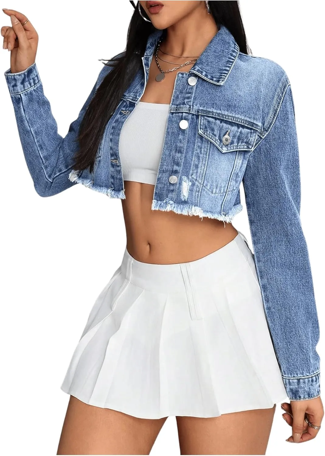 GORGLITTER Women's Ripped Distressed Denim Jacket Frayed Hem Button Up Cropped Jean Jacket