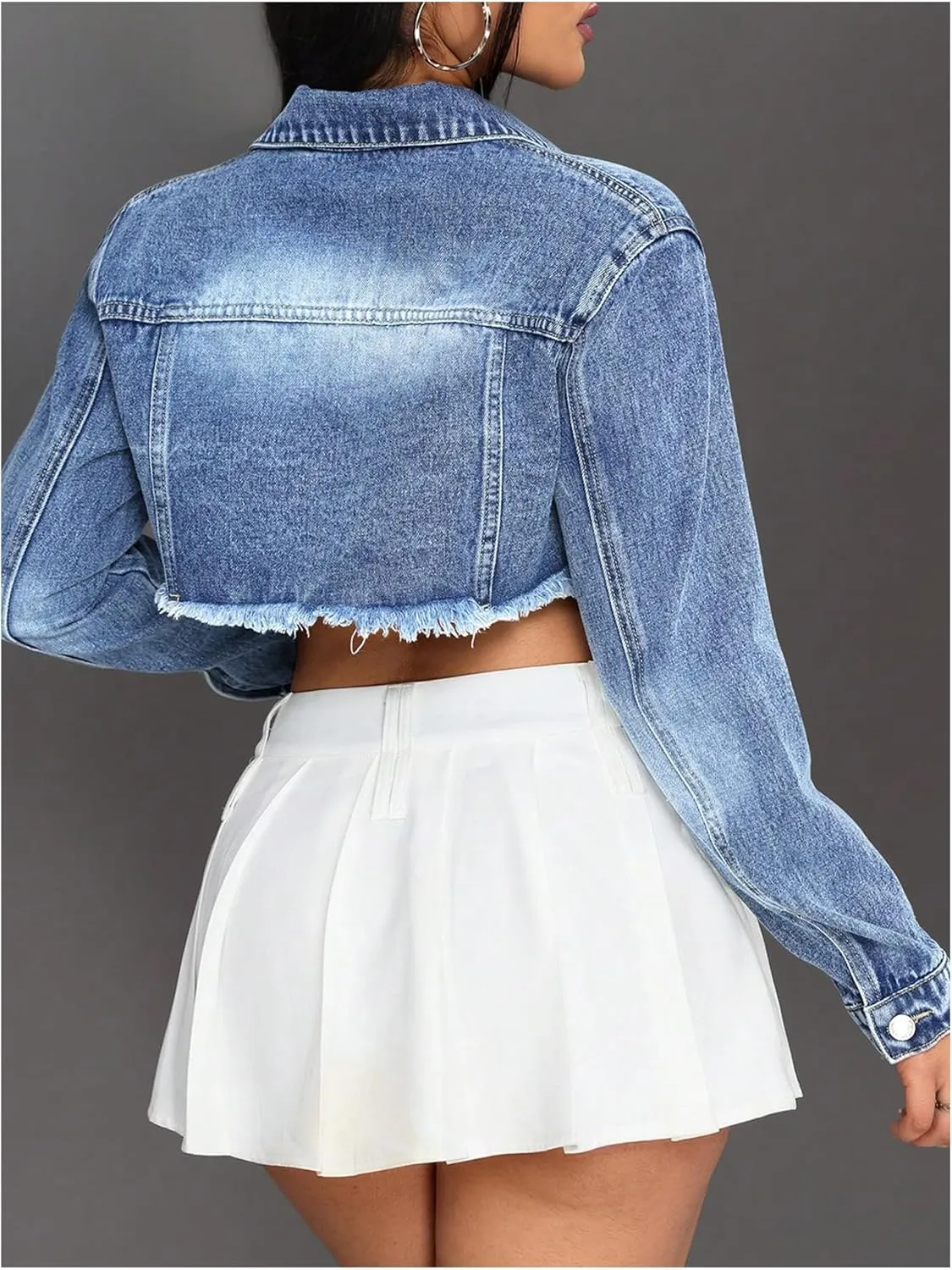 GORGLITTER Women's Ripped Distressed Denim Jacket Frayed Hem Button Up Cropped Jean Jacket