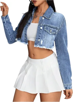 GORGLITTER Women's Ripped Distressed Denim Jacket Frayed Hem Button Up Cropped Jean Jacket