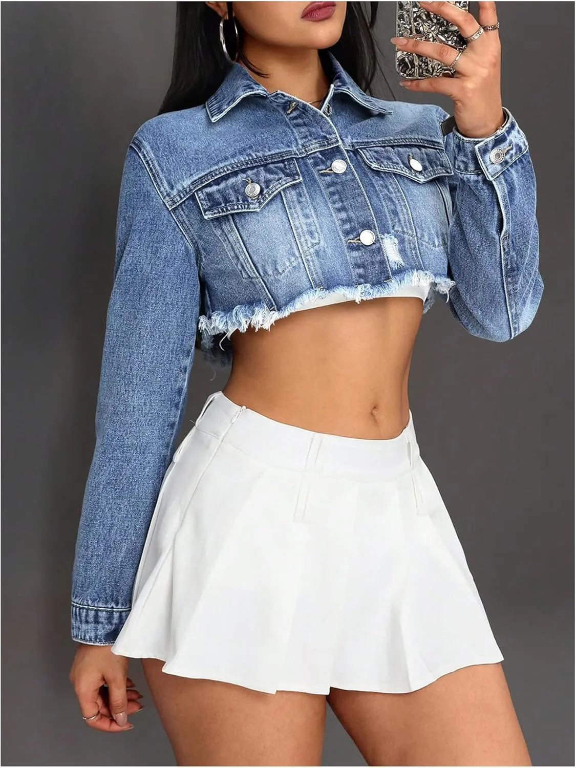 GORGLITTER Women's Ripped Distressed Denim Jacket Frayed Hem Button Up Cropped Jean Jacket
