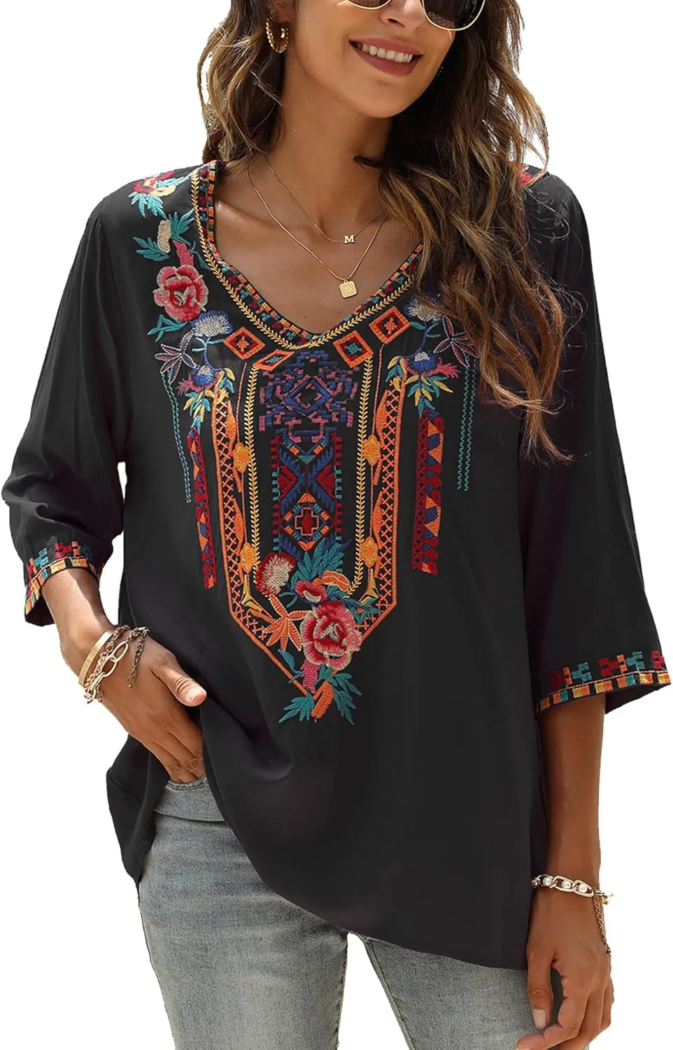 Grosy Bohemian Embroidered Tops for Women, Hippie Clothes, Mexican Peasant Blouses, Traditional Boho Clothing Tunic Shirts