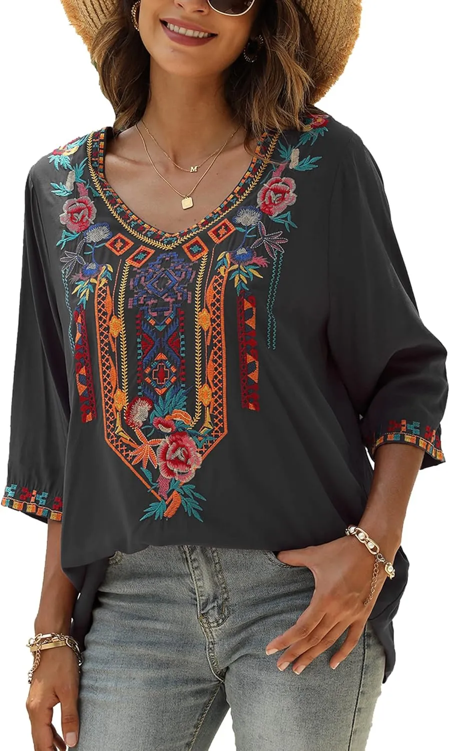 Grosy Bohemian Embroidered Tops for Women, Hippie Clothes, Mexican Peasant Blouses, Traditional Boho Clothing Tunic Shirts