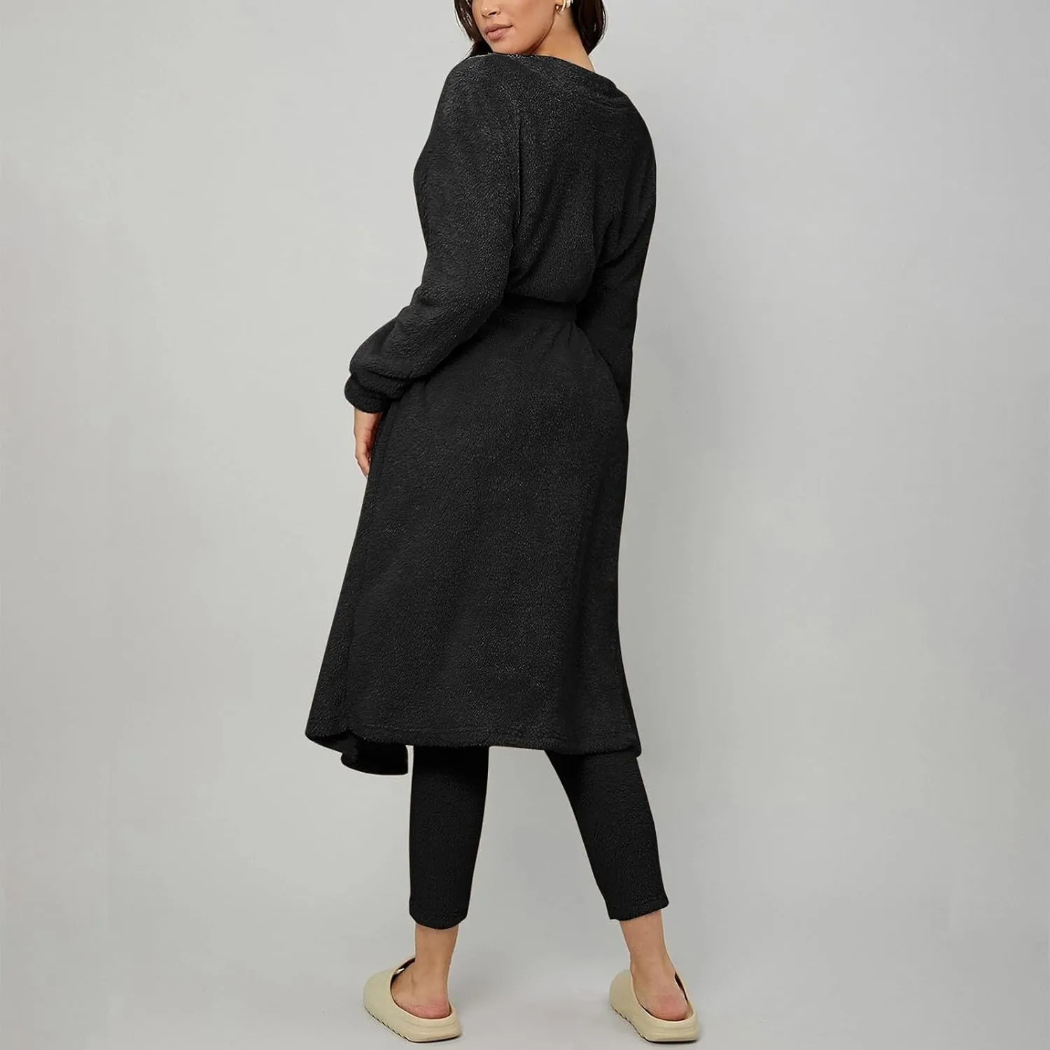 HGps8w 3 Piece Lounge Sets for Women Fuzzy Fleece Pajamas, Long Open Front Cardigan & Crop Tank Top & Long Pants Sleepwear
