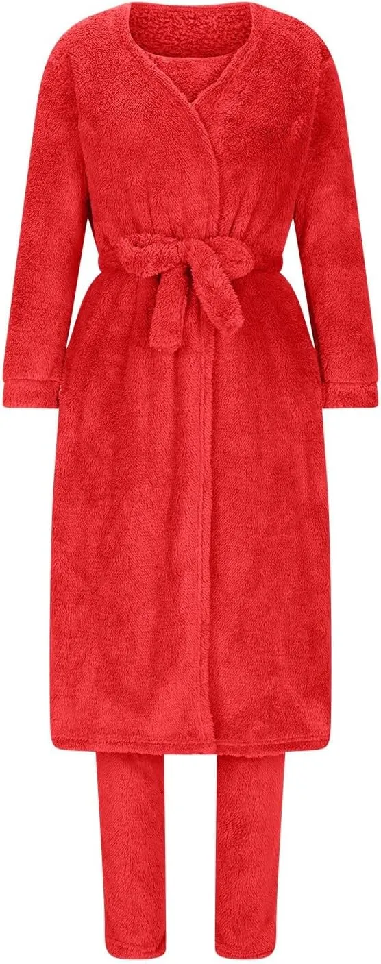 HGps8w 3 Piece Lounge Sets for Women Fuzzy Fleece Pajamas, Long Open Front Cardigan & Crop Tank Top & Long Pants Sleepwear