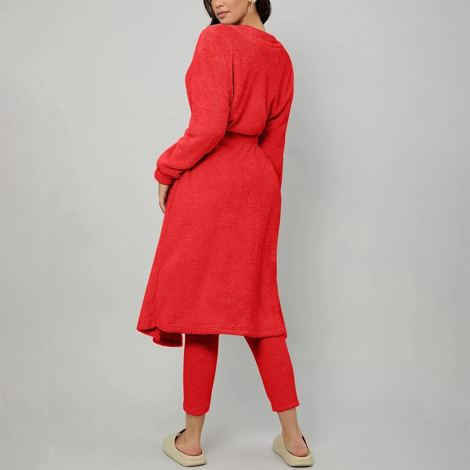 HGps8w 3 Piece Lounge Sets for Women Fuzzy Fleece Pajamas, Long Open Front Cardigan & Crop Tank Top & Long Pants Sleepwear