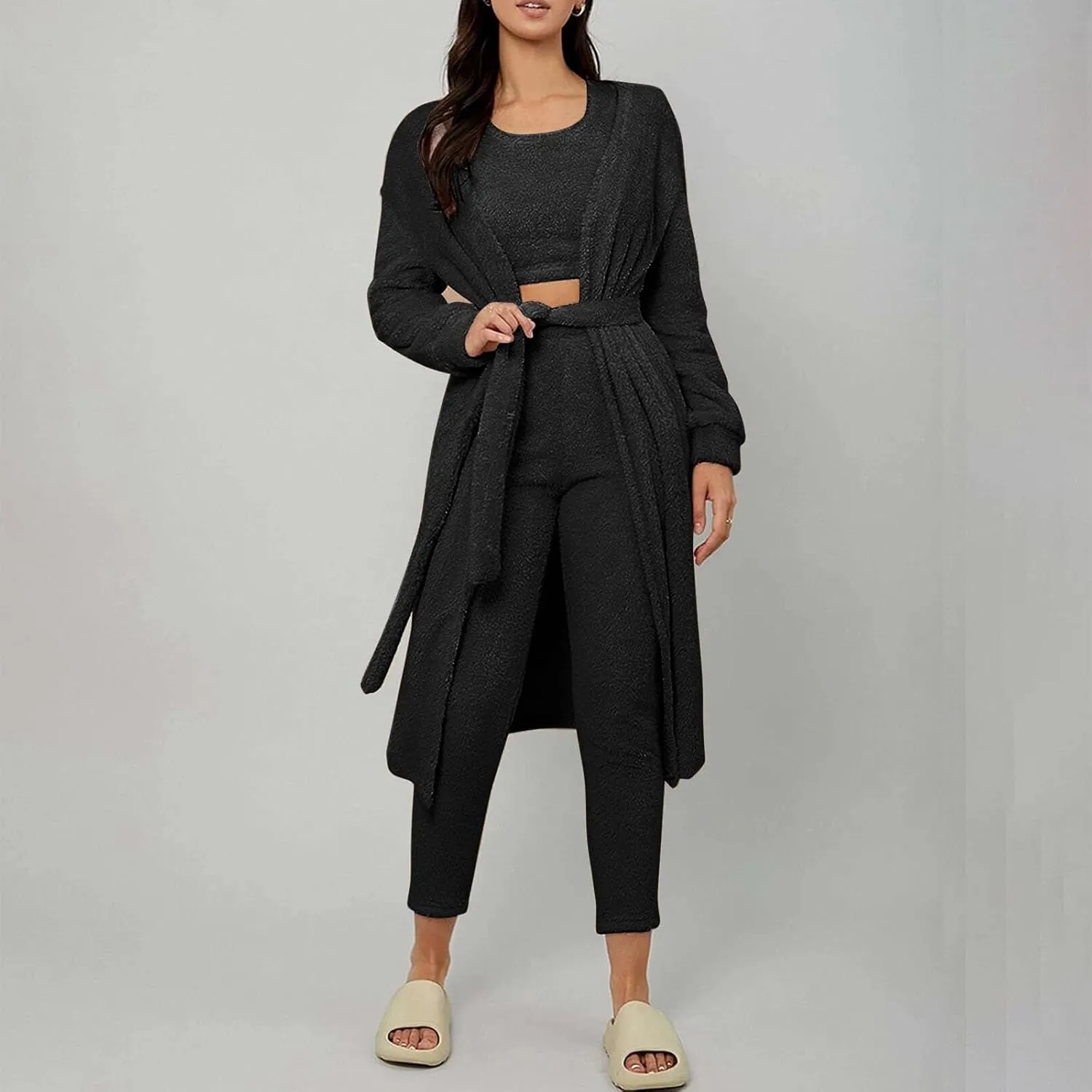 HGps8w 3 Piece Lounge Sets for Women Fuzzy Fleece Pajamas, Long Open Front Cardigan & Crop Tank Top & Long Pants Sleepwear