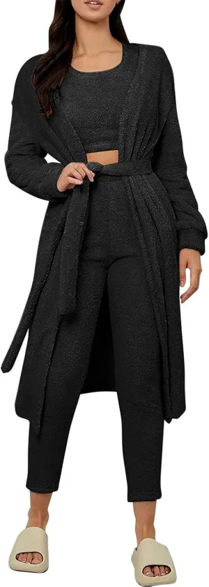 HGps8w 3 Piece Lounge Sets for Women Fuzzy Fleece Pajamas, Long Open Front Cardigan & Crop Tank Top & Long Pants Sleepwear