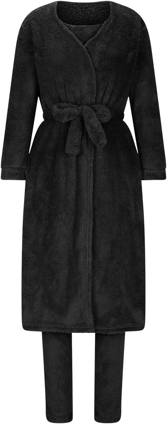HGps8w 3 Piece Lounge Sets for Women Fuzzy Fleece Pajamas, Long Open Front Cardigan & Crop Tank Top & Long Pants Sleepwear