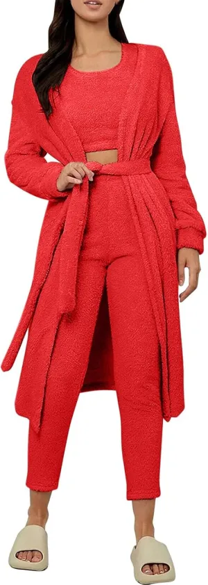 HGps8w 3 Piece Lounge Sets for Women Fuzzy Fleece Pajamas, Long Open Front Cardigan & Crop Tank Top & Long Pants Sleepwear