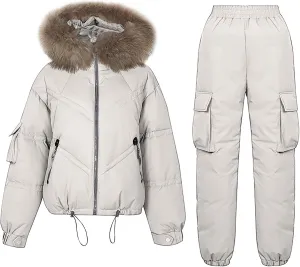 HGps8w Women's Ski Snow Suits, Faux Fur Hooded Winter Coat Puffer Jacket Parka & Bib Down Pants Jumpsuit Thick Warm Snowsuit