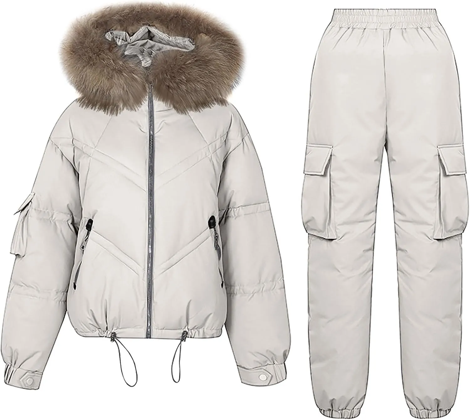 HGps8w Women's Ski Snow Suits, Faux Fur Hooded Winter Coat Puffer Jacket Parka & Bib Down Pants Jumpsuit Thick Warm Snowsuit