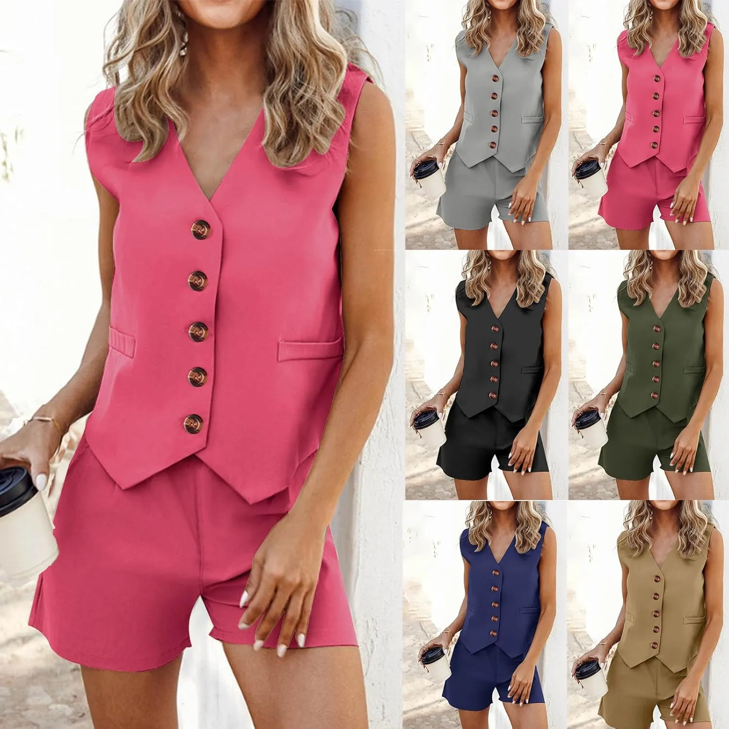 HGps8w Womens Summer 2 Piece Outfits V Neck Sleeveless Blazer Vest and Shorts Matching Business Work Clothes with Pockets
