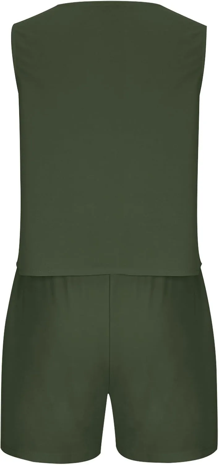 HGps8w Womens Summer 2 Piece Outfits V Neck Sleeveless Blazer Vest and Shorts Matching Business Work Clothes with Pockets