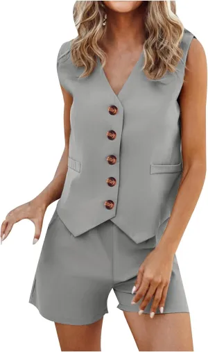HGps8w Womens Summer 2 Piece Outfits V Neck Sleeveless Blazer Vest and Shorts Matching Business Work Clothes with Pockets