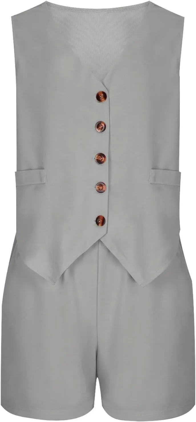 HGps8w Womens Summer 2 Piece Outfits V Neck Sleeveless Blazer Vest and Shorts Matching Business Work Clothes with Pockets