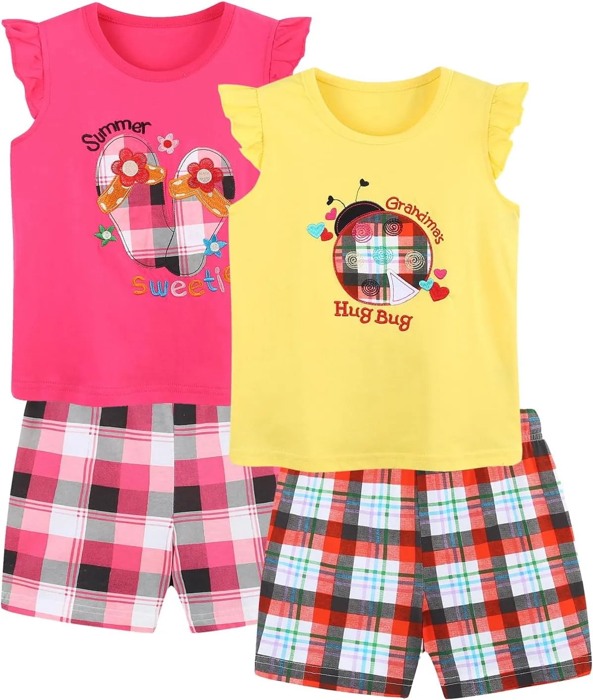 HILEELANG 4PC 2 Sets Toddler Girl Summer Easter Outfit Cotton Tops Tees Shorts Clothing