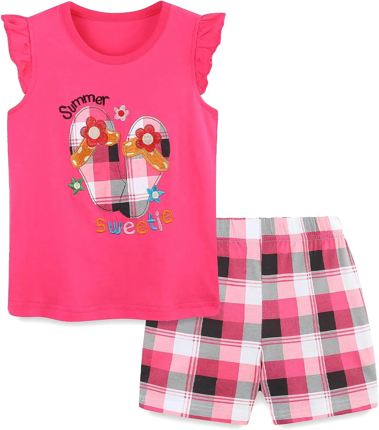 HILEELANG 4PC 2 Sets Toddler Girl Summer Easter Outfit Cotton Tops Tees Shorts Clothing