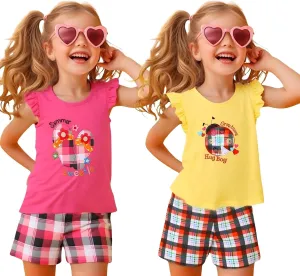HILEELANG 4PC 2 Sets Toddler Girl Summer Easter Outfit Cotton Tops Tees Shorts Clothing